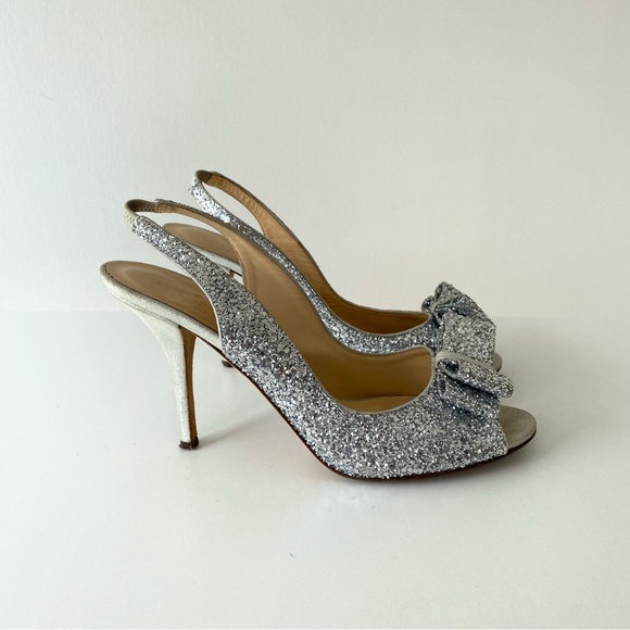 kate spade Sparkly Glitter Bow Slingback Silver Metallic Girlie Feminine Heels - Picture 8 of 17